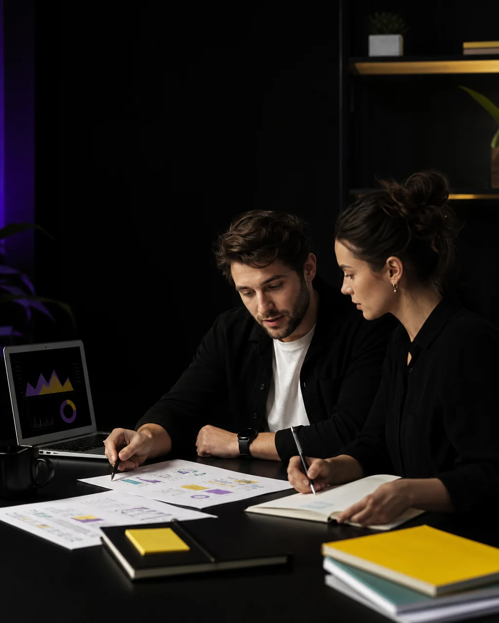 Startup founder and growth operator reviewing customer acquisition strategy in a dark workspace