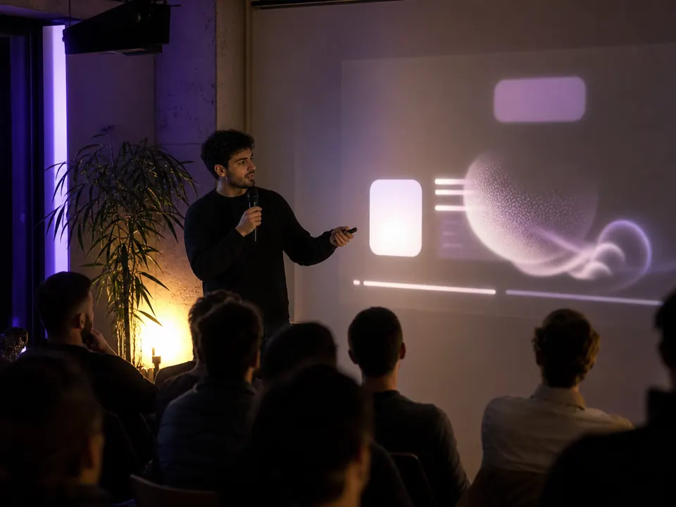 AI founder presenting their startup on stage at a Spark AI Showcase Night
